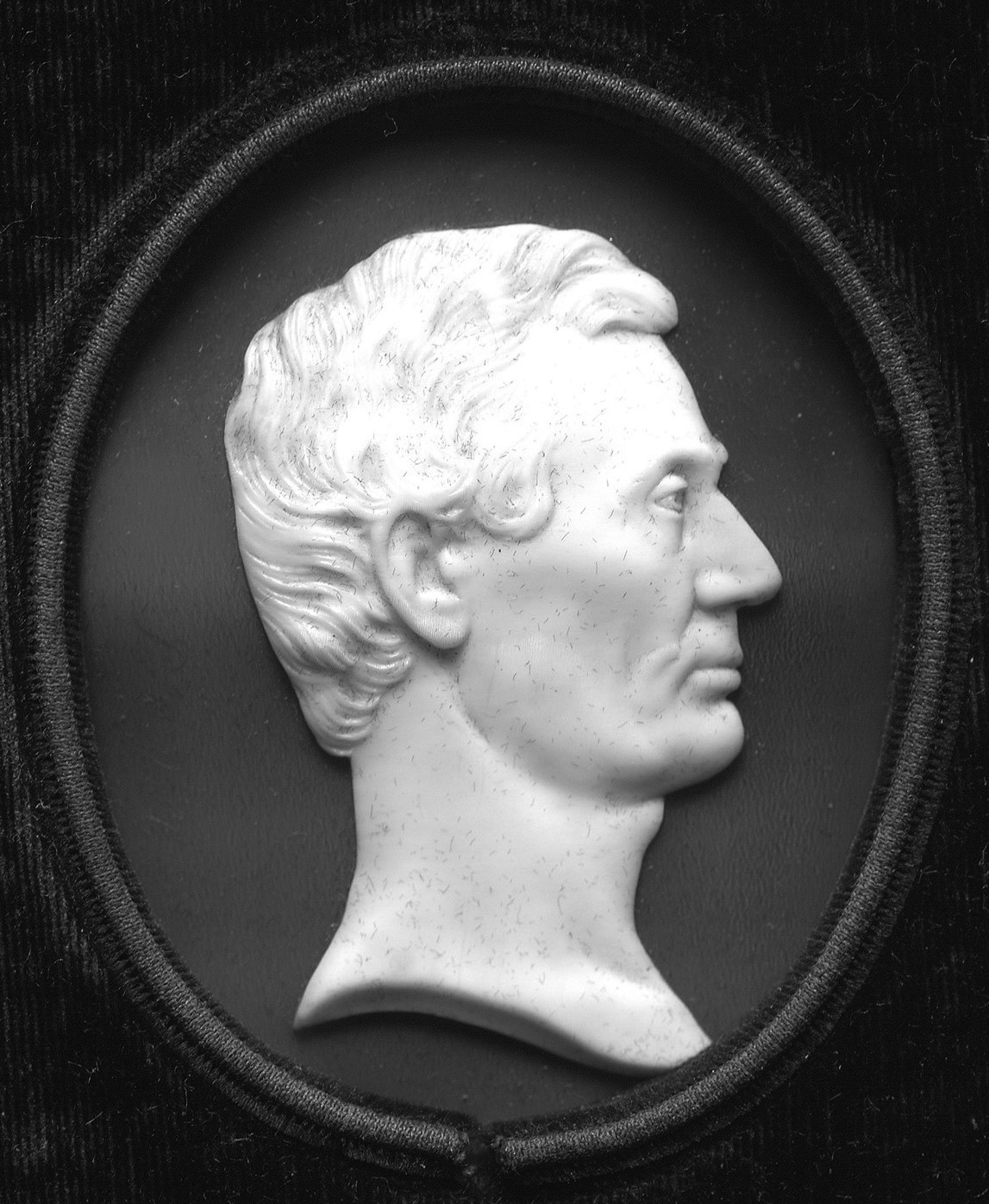 Figure 5. A cameo of Lincoln. Volk presented this miniature profile in ivory, about 2 inches high, to Charles H. Ray, co-owner of the Chicago Tribune and a warm supporter. (Abraham Lincoln Miniature Relief Portrait, 1860, by Leonard Wells Volk; courtesy of The Huntington Library, San Marino, Calif.) Figure 5. A cameo of Lincoln. Volk presented this miniature profile in ivory, about 2 inches high, to Charles H. Ray, co-owner of the Chicago Tribune and a warm supporter. (Abraham Lincoln Miniature Relief Portrait, 1860, by Leonard Wells Volk; courtesy of The Huntington Library, San Marino, Calif.)