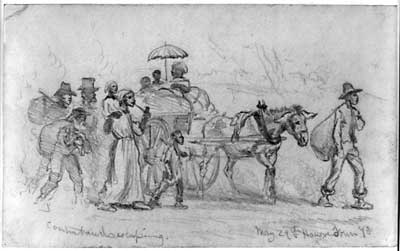 Figure 2. "Contrabands Escaping," May 29, 1864
drawing by Edwin Forbes. Library of Congress, LC-USZ62–14887.
Figure 2. "Contrabands Escaping," May 29, 1864
drawing by Edwin Forbes. Library of Congress, LC-USZ62–14887.