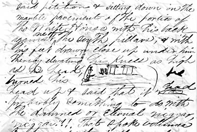 Figure 3. Sketch of Lincoln on the White House
portico made by Lucien Waters. Collection of the New York
Historical Society. Figure 3. Sketch of Lincoln on the White House
portico made by Lucien Waters. Collection of the New York
Historical Society.