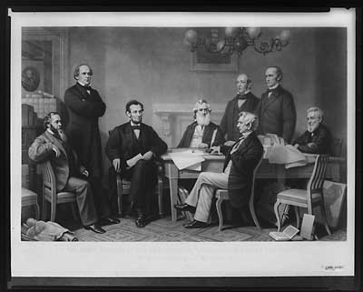 Figure 4. "The First Reading of the Emancipation
Proclamation before the Cabinet." Engraving by A.H. Ritchie after
the oil painting by F.B. Carpenter. Library of Congress,
LC-DIG-pga-02502. Figure 4. "The First Reading of the Emancipation
Proclamation before the Cabinet." Engraving by A.H. Ritchie after
the oil painting by F.B. Carpenter. Library of Congress,
LC-DIG-pga-02502.