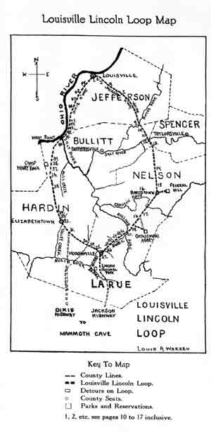 Figure 2. The map from Louis Warren's "Louisville
Lincoln Loop: A Day's Tour in 'Old Kentucky.'" Courtesy Illinois
State Historical Library. 