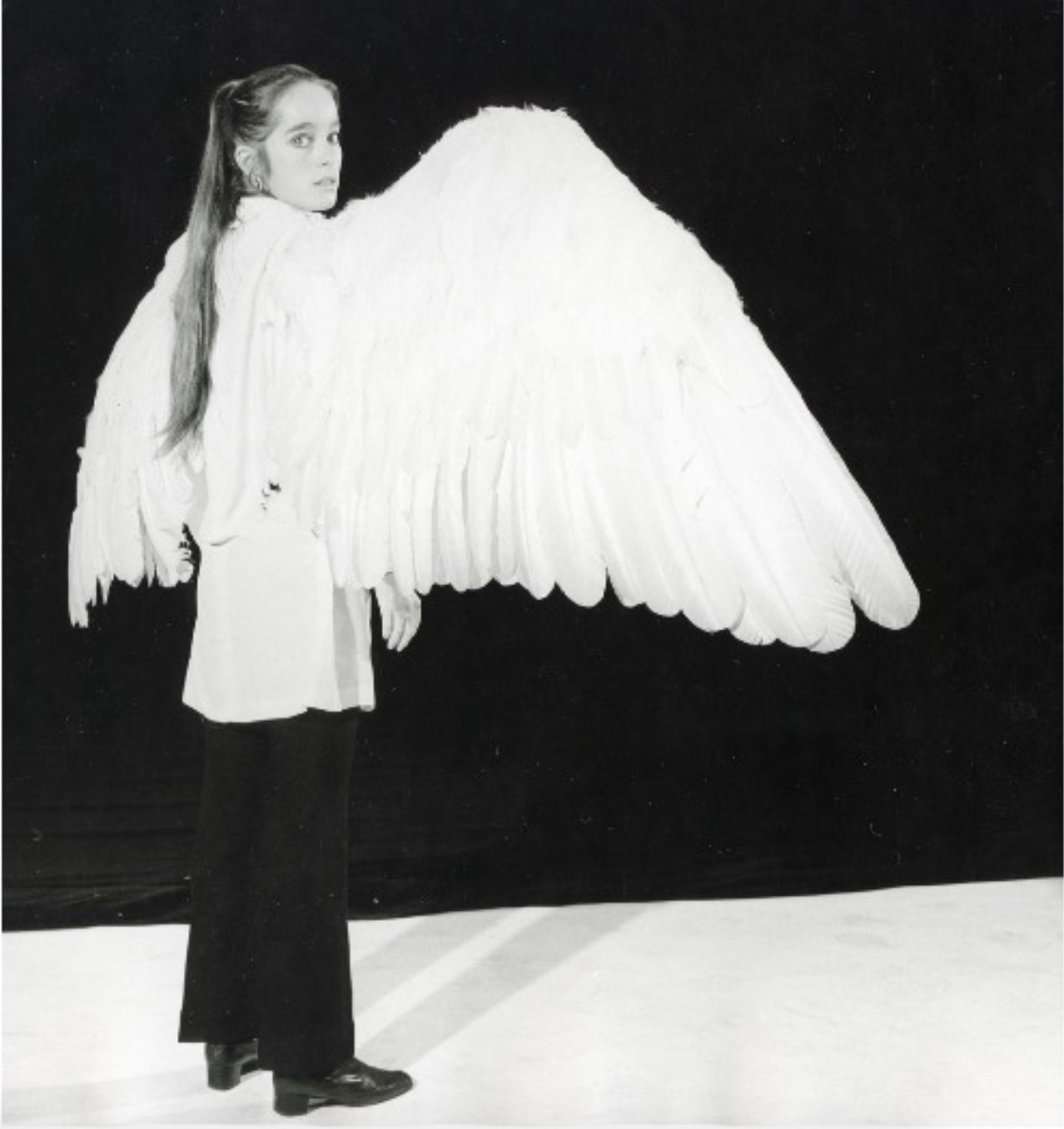 Victoria Chaplin poses in the wings created for her starring role in the never-completed film The Freak. Victoria Chaplin poses in the wings created for her starring role in the never-completed film The Freak.