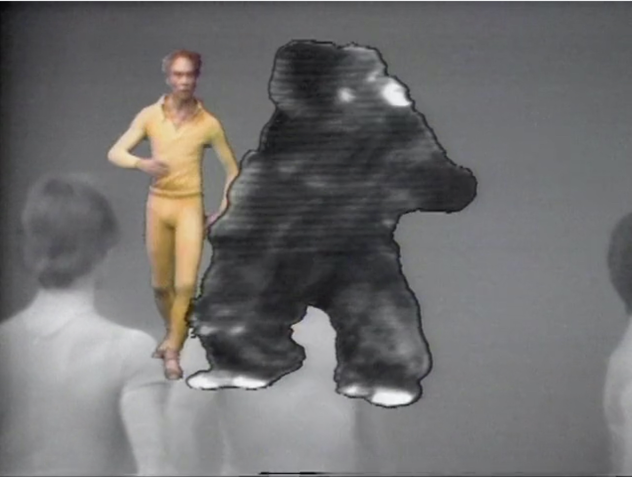 Chroma key technology allows dancer and choreographer Merce Cunningham to “dance” with a gorilla in Nam June Paik’s Merce by Merce by Paik Part One: Blue Studio, Five Segments (1978). Electronic Arts Remix/Merce Cunningham Trust. Chroma key technology allows dancer and choreographer Merce Cunningham to “dance” with a gorilla in Nam June Paik’s Merce by Merce by Paik Part One: Blue Studio, Five Segments (1978). Electronic Arts Remix/Merce Cunningham Trust.