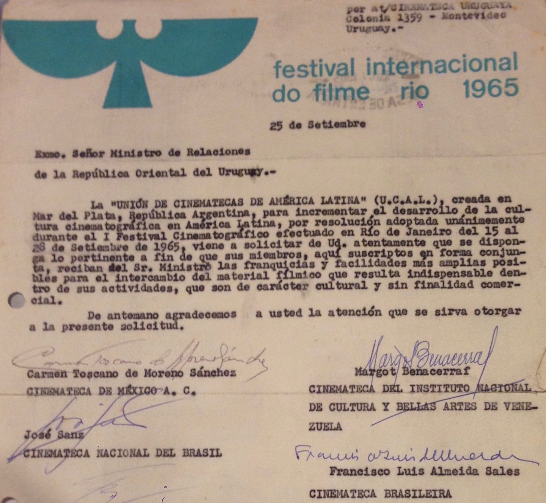 Detail from a letter announcing the creation of the Unión de Cinematecas de América Latina in 1965. Cinemateca Uruguaya. Detail from a letter announcing the creation of the Unión de Cinematecas de América Latina in 1965. Cinemateca Uruguaya.