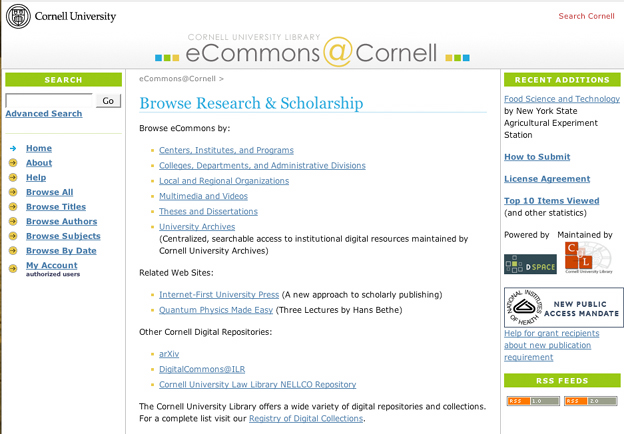Figure 1: Home Page of eCommons, Cornell’s Institutional Repository. Based on DSpace Software (ecommons.library.cornell.edu) Figure 1: Home Page of eCommons, Cornell’s Institutional Repository. Based on DSpace Software (ecommons.library.cornell.edu)
