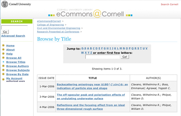 Figure 2: Titles of Research Presented at Conferences Deposited in the Civil and Environmental Engineering Section (College of Engineering) of eCommons (ecommons.library.cornell.edu/handle/1813/2655/browse-title) Figure 2: Titles of Research Presented at Conferences Deposited in the Civil and Environmental Engineering Section (College of Engineering) of eCommons (ecommons.library.cornell.edu/handle/1813/2655/browse-title)