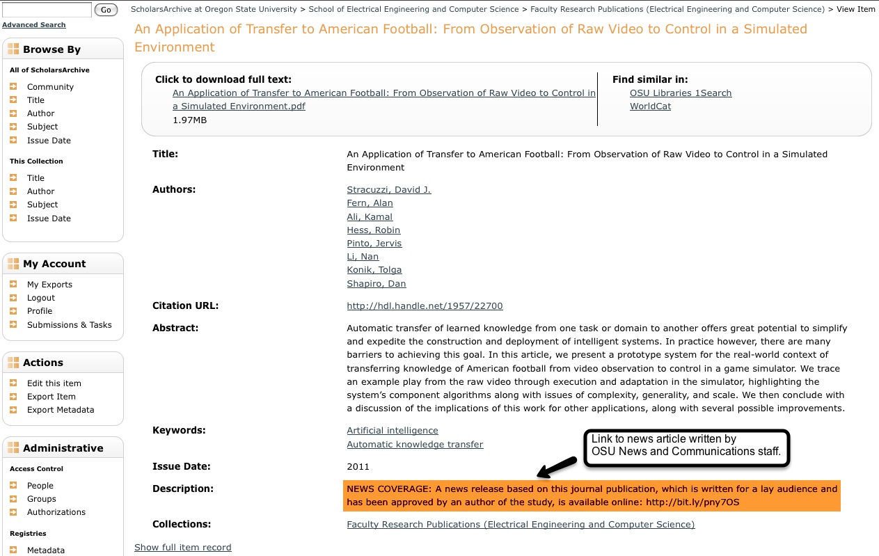 Figure 6. Screenshot of ScholarsArchive@OSU record page directing the reader to the news story written about the research. Figure 6. Screenshot of ScholarsArchive@OSU record page directing the reader to the news story written about the research.