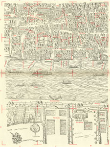 Figure 11.: London in Machyn's day. Detail from the “Copperplate Map” (ca. 1577). From Adrian Prockter and Rober Taylor, The A to Z of Elizabethan London (London, 1979). Used by permission of the London Topographical Society.