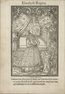 Figure 13.: Portrait of Queen Elizabeth I at prayer. From Richard Day, A Booke of Christian Praires (London, 1608). STC 6423. This item is reproduced by permission of the Huntington Library, San Marino, California.