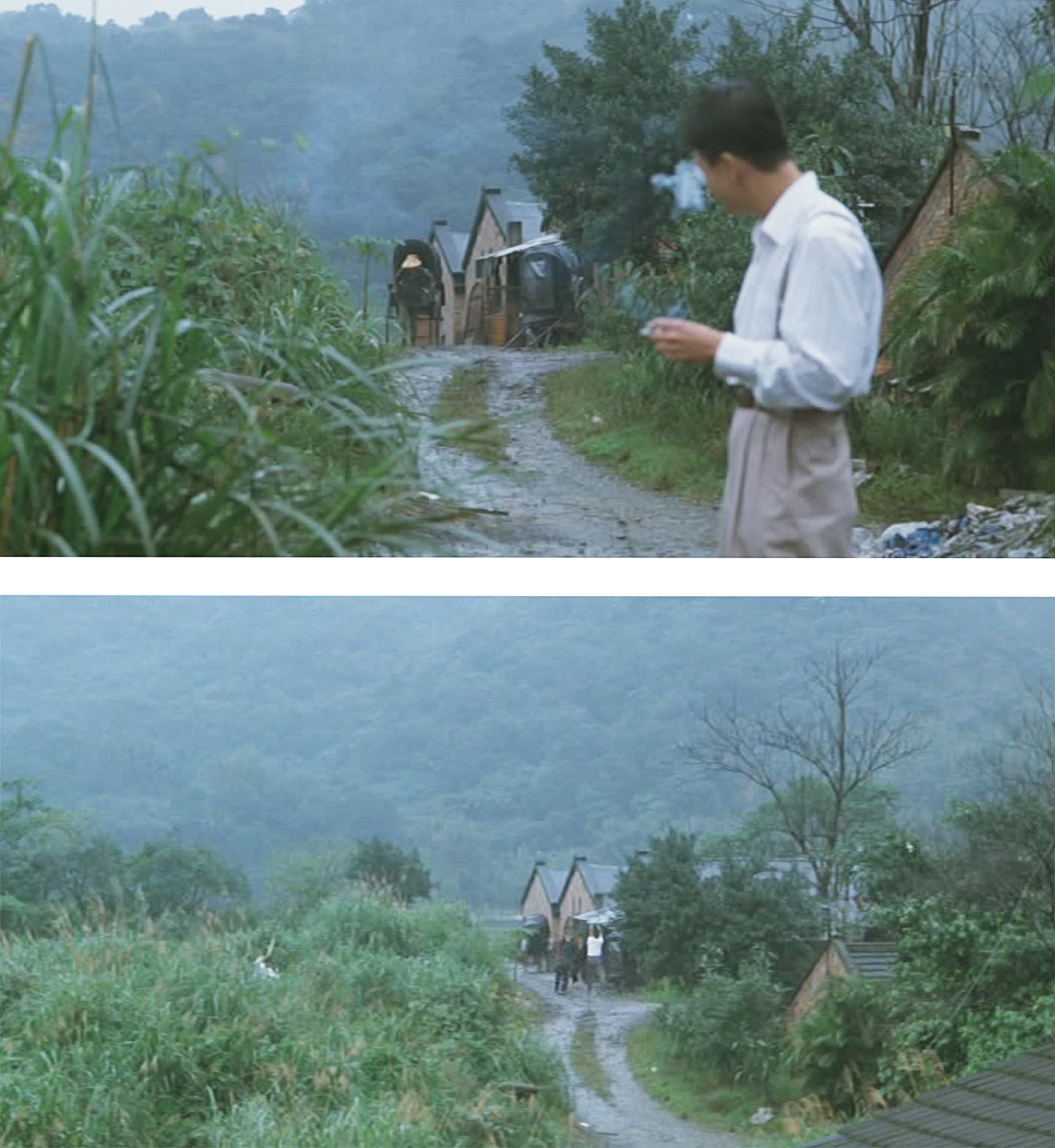 Fig. 3. This scene features two long takes photographed from the same axis. When the attack begins Hou defies generic expectations and backs away from the violence, shooting essentially from the same camera axis. Fig. 3. This scene features two long takes photographed from the same axis. When the attack begins Hou defies generic expectations and backs away from the violence, shooting essentially from the same camera axis.