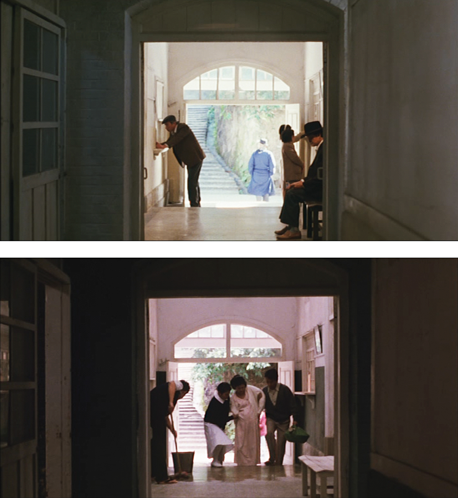 Fig. 4. The top shot is the first view of the hospital entranceway. It establishes an axis that the camera moves back and forth on throughout the film. Curiously, the final shot (on the bottom) returns to the camera position of the first. Fig. 4. The top shot is the first view of the hospital entranceway. It establishes an axis that the camera moves back and forth on throughout the film. Curiously, the final shot (on the bottom) returns to the camera position of the first.