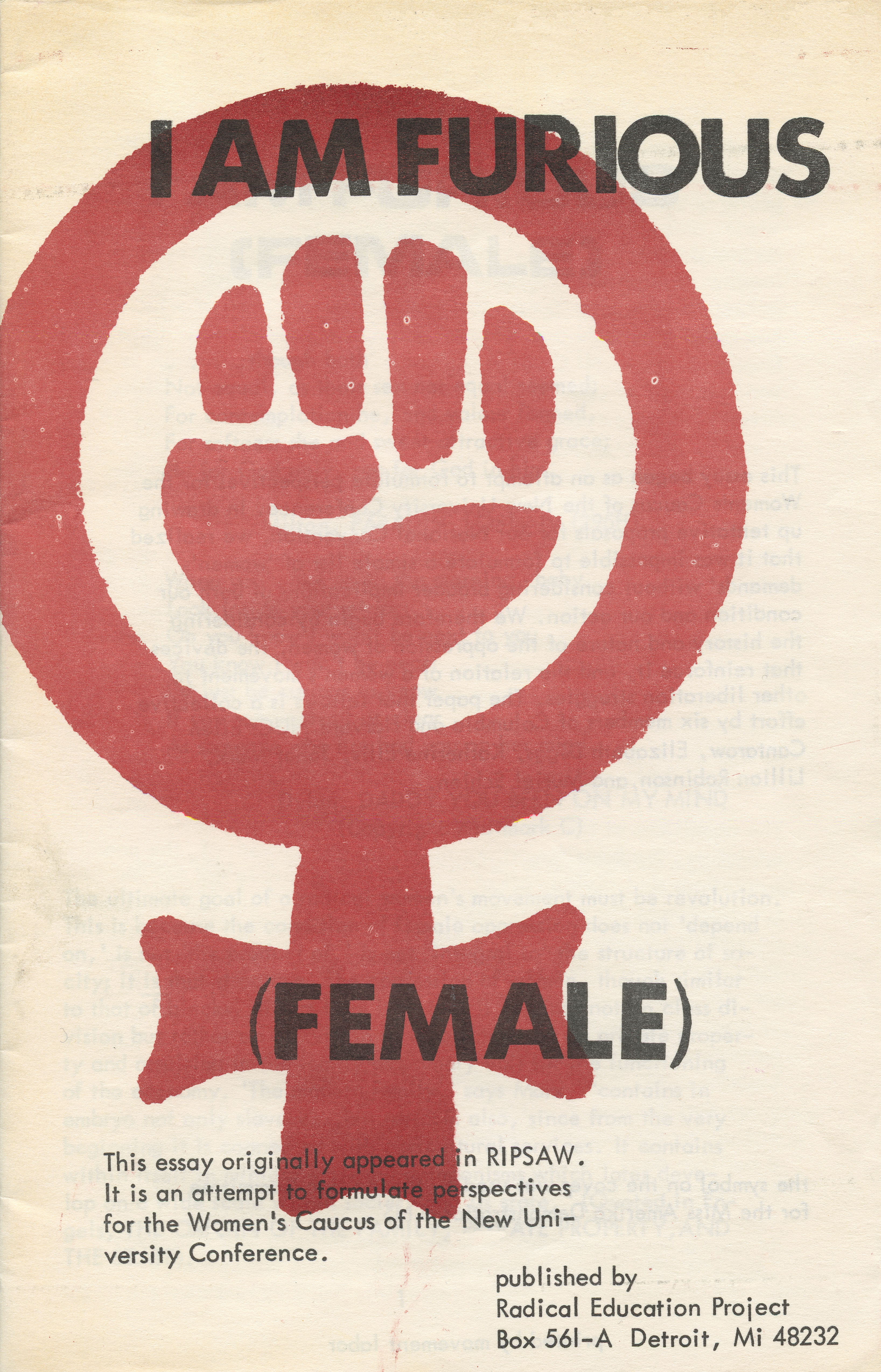 Cover, I Am Furious (Female), Radical Education Project, Detroit, 1969. University of Michigan Library (Special Collections Library) Cover, I Am Furious (Female), Radical Education Project, Detroit, 1969. University of Michigan Library (Special Collections Library)