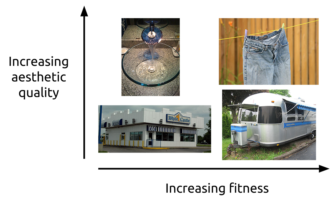 Figure 13.2. Attachment matrix illustrated with everyday objects. We appreciate Airstream trailers and are delighted by the appearance of shiny glass basins. But these feelings are not the same as for our favorite pair of blue jeans; we want them to last forever, just the way they are, and we do all we can to make that happen. (Sources: See the acknowledgments at the end of the chapter) Figure 13.2. Attachment matrix illustrated with everyday objects. We appreciate Airstream trailers and are delighted by the appearance of shiny glass basins. But these feelings are not the same as for our favorite pair of blue jeans; we want them to last forever, just the way they are, and we do all we can to make that happen. (Sources: See the acknowledgments at the end of the chapter)