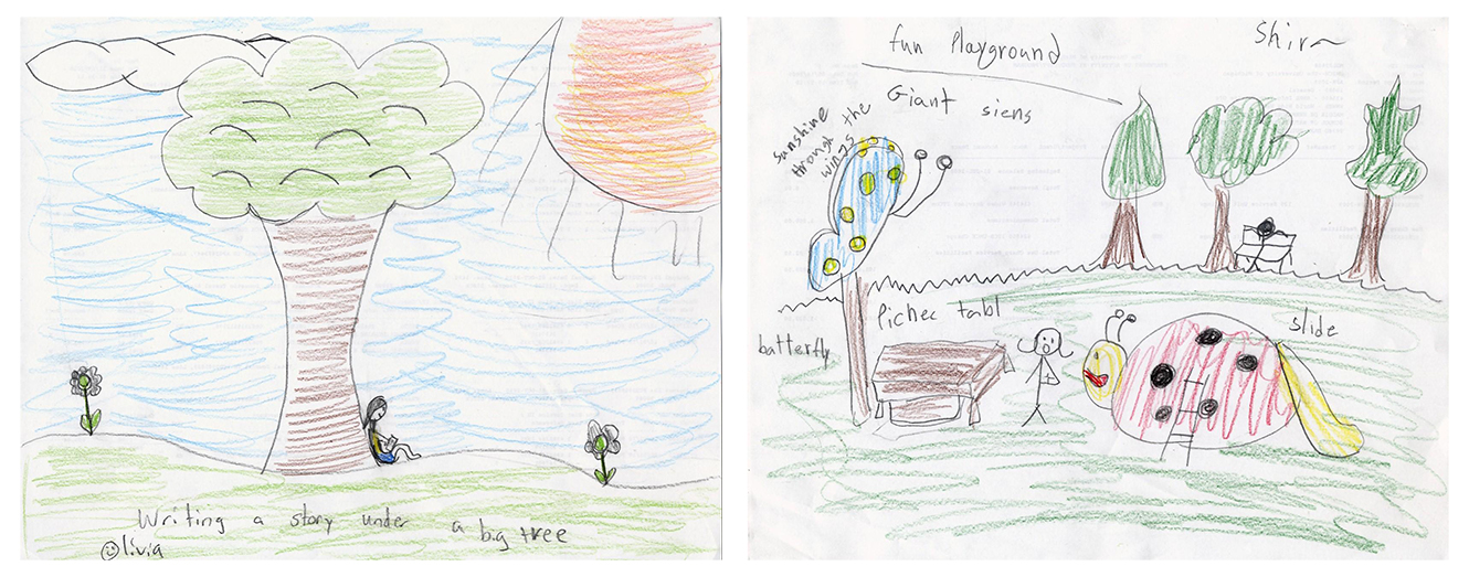 Figure 19.3. Two of the drawings done by children showing features they’d like to see in a garden connecting Mott Children’s Hospital and the Nichols Arboretum. Children suggested a range of places that included large trees, climbing structures, picnic areas, and fanciful sculptures such as the giant butterfly shown here. Figure 19.3. Two of the drawings done by children showing features they’d like to see in a garden connecting Mott Children’s Hospital and the Nichols Arboretum. Children suggested a range of places that included large trees, climbing structures, picnic areas, and fanciful sculptures such as the giant butterfly shown here.