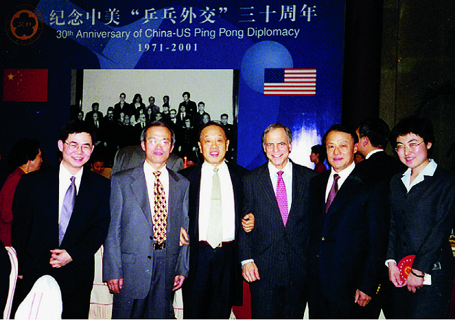 Professor Emeritus Kenneth Lieberthal (3rd from right) with Li Zhaoxing (3rd from left), former Chinese Ambassador to the United States and former Chinese Foreign Minister, and colleagues celebrating the thirtieth anniversary of China-U.S. Ping-Pong diplomacy, March 2001. Professor Emeritus Kenneth Lieberthal (3rd from right) with Li Zhaoxing (3rd from left), former Chinese Ambassador to the United States and former Chinese Foreign Minister, and colleagues celebrating the thirtieth anniversary of China-U.S. Ping-Pong diplomacy, March 2001.