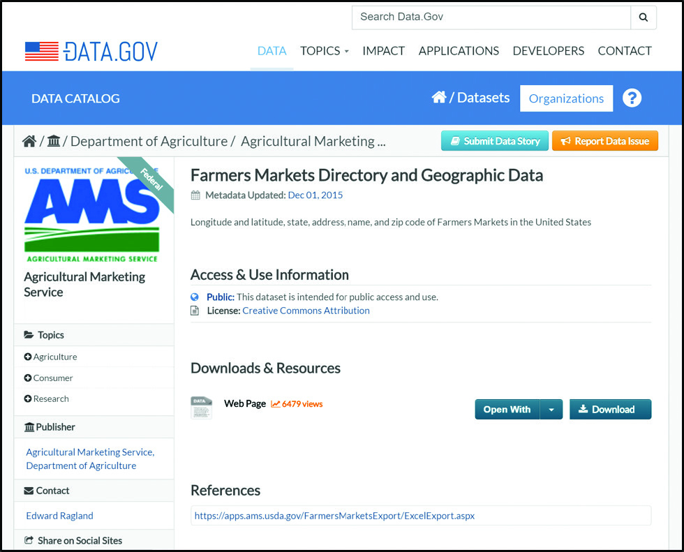 Figure 1. Landing page about farmers market data on Data.gov. Figure 1. Landing page about farmers market data on Data.gov.