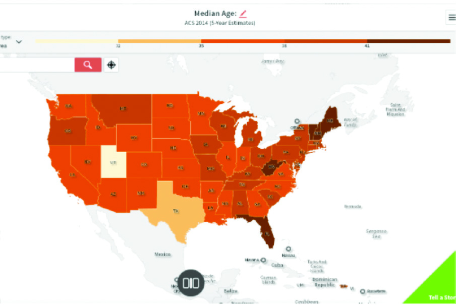 Figure 13: Map of median age in the U.S. made with SocialExplorer.com and
visualized into five age groups: under 32, 32-35, 36-38, 39-41, and above 41
years of age. Figure 13: Map of median age in the U.S. made with SocialExplorer.com and
visualized into five age groups: under 32, 32-35, 36-38, 39-41, and above 41
years of age.