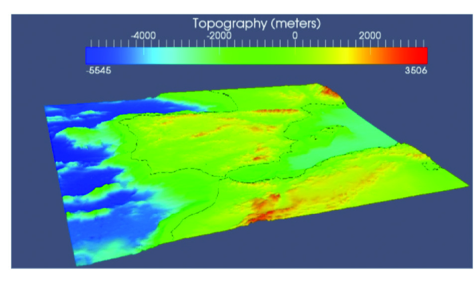 Figure 16: A topographical map using a continuous color scale to represent
changing height and depth of water and land masses created with MMesh 3D. Image
from Figure 16: A topographical map using a continuous color scale to represent
changing height and depth of water and land masses created with MMesh 3D. Image
from