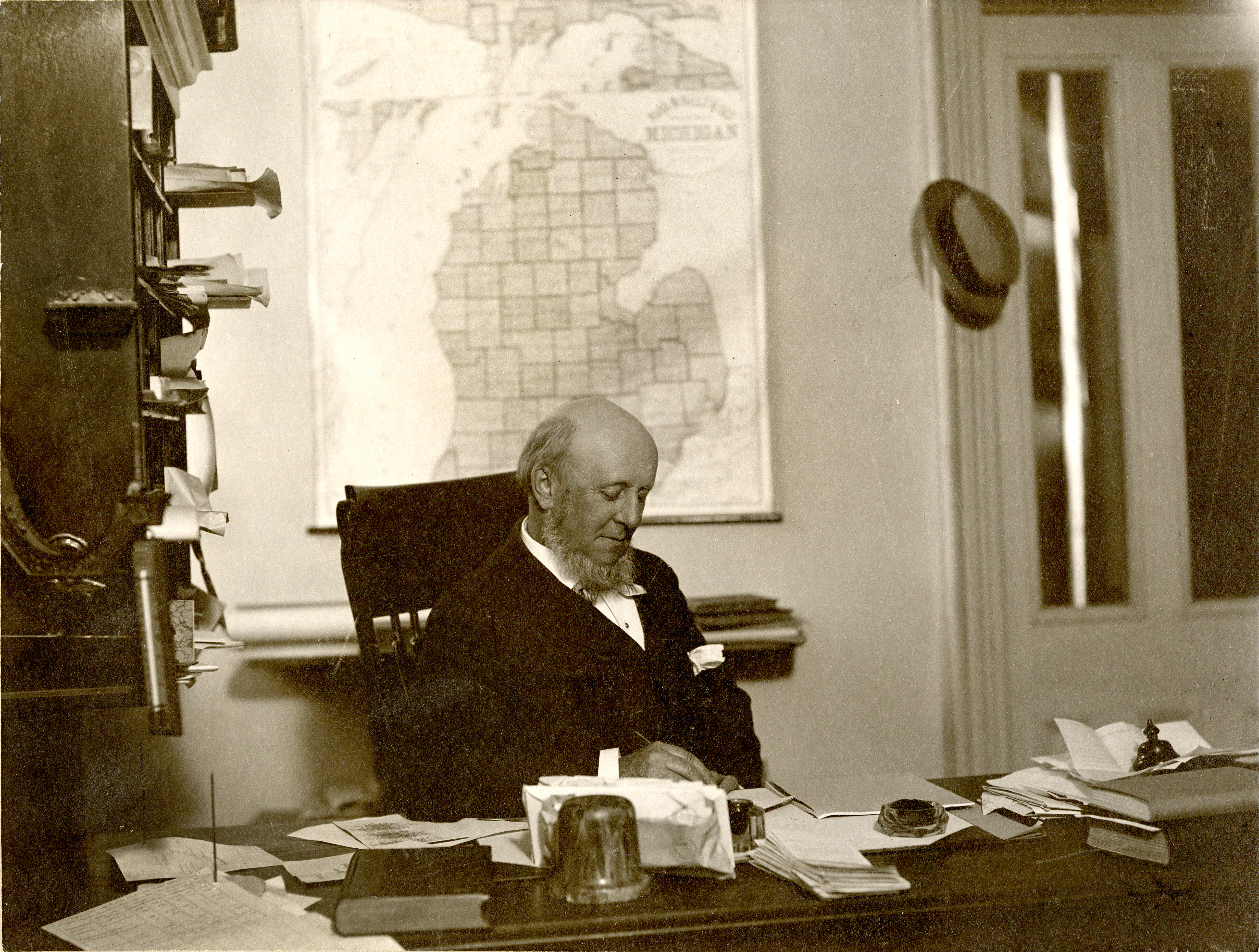 Angell working at his desk, 1897. James B. Angell Papers, Bentley Historical Library, University of Michigan. Angell working at his desk, 1897. James B. Angell Papers, Bentley Historical Library, University of Michigan.