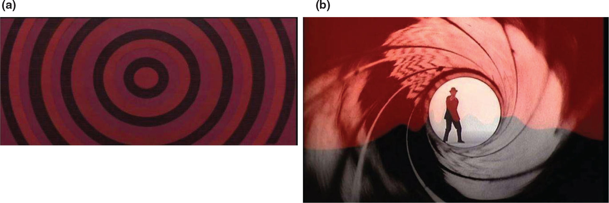 Figure 3. (a) The lines of a dartboard swirl in the title sequence of Interpol 009. (b) The gun barrel signature in the James Bond title sequences. Figure 3. (a) The lines of a dartboard swirl in the title sequence of Interpol 009. (b) The gun barrel signature in the James Bond title sequences.