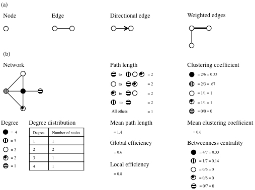 FIGURE 1. (a) Illustrates graph theory constructs and (b) provides example measures for parameters discussed in this review. FIGURE 1. (a) Illustrates graph theory constructs and (b) provides example measures for parameters discussed in this review.