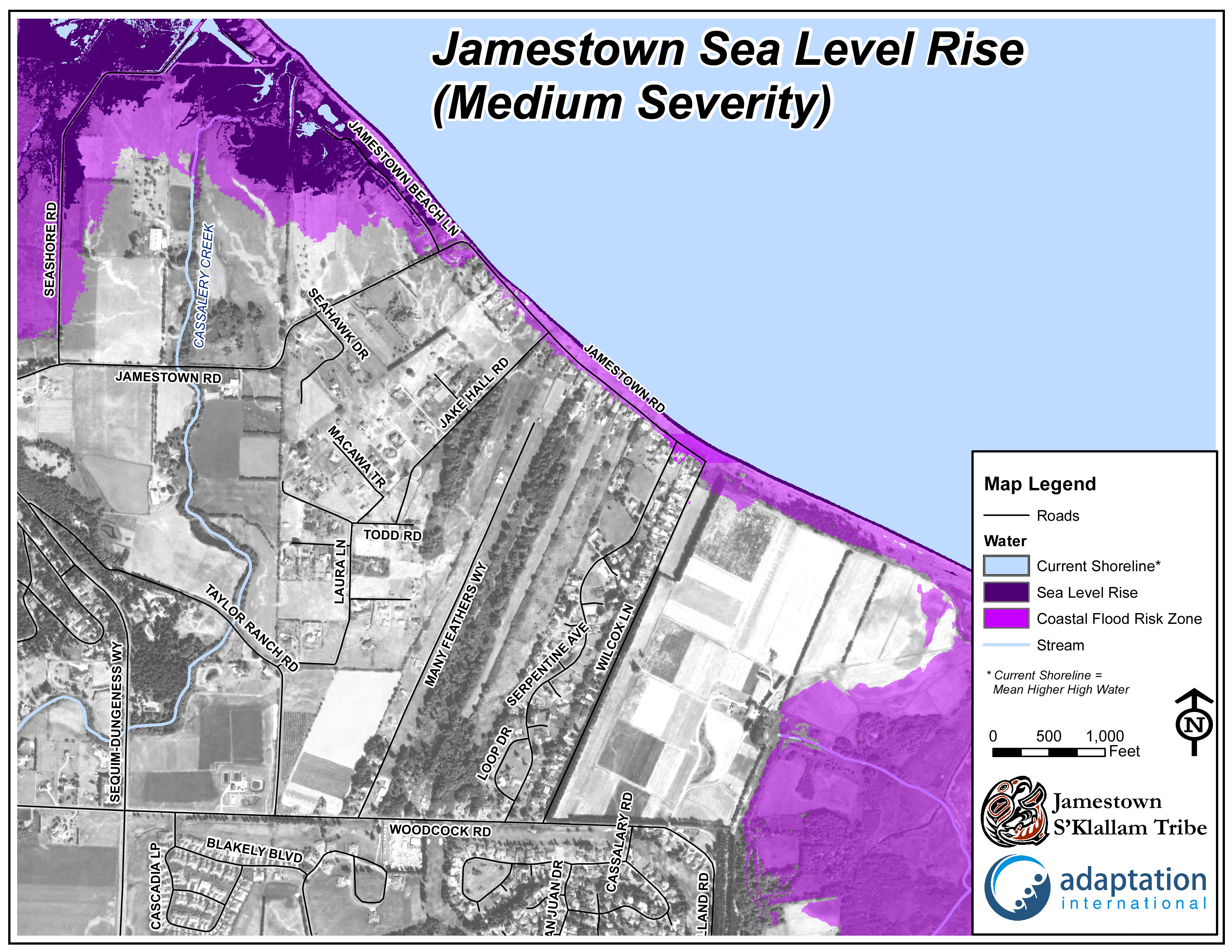 Figure 5. Jamestown Beach medium-severity sea level rise (about 2 feet). Inundation and storm surges are projected to occur between 2055 and 2090. Figure 5. Jamestown Beach medium-severity sea level rise (about 2 feet). Inundation and storm surges are projected to occur between 2055 and 2090.