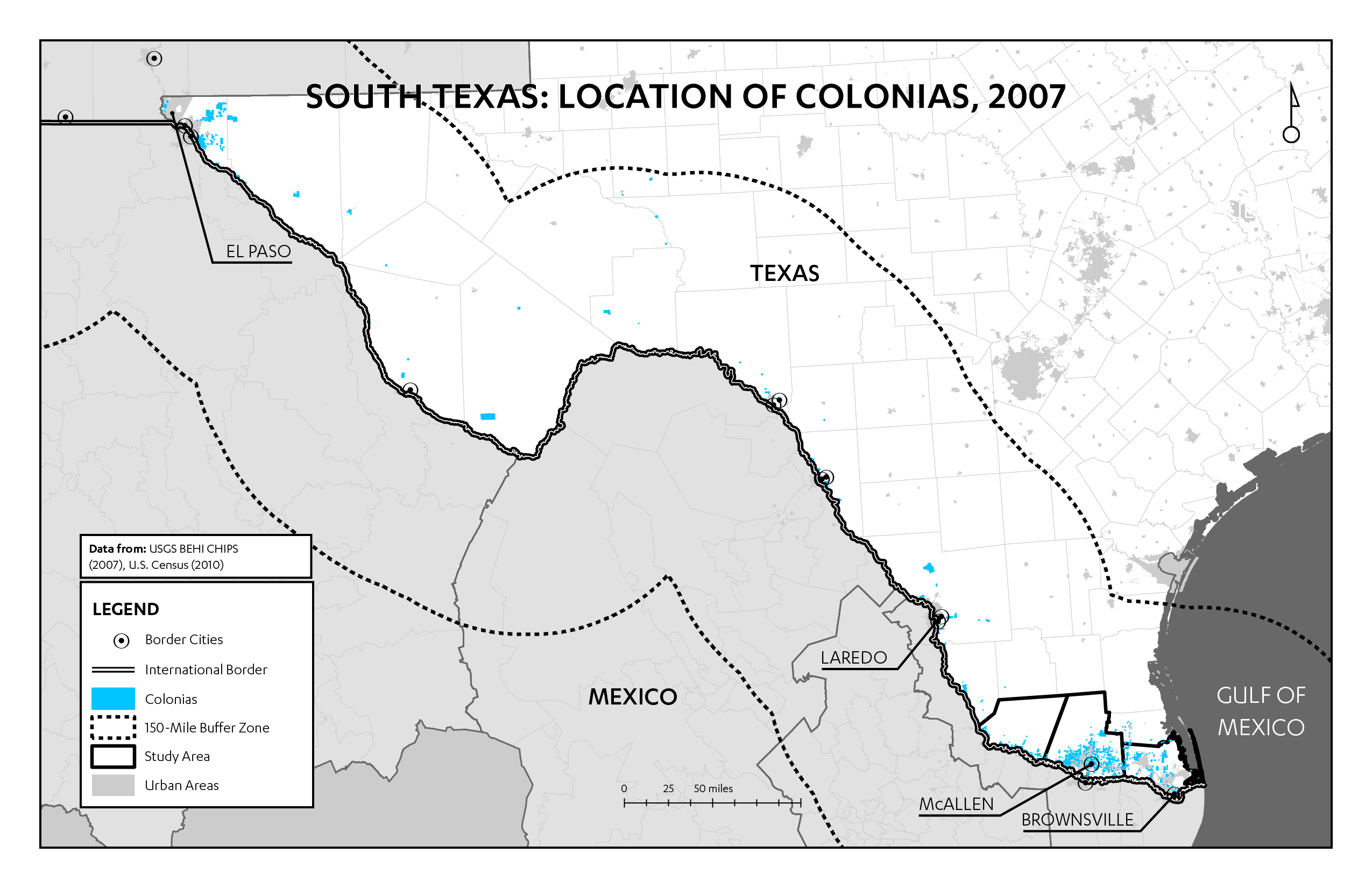 Figure 2: Map of colonia settlements across Southern Texas (data from CHIPS 2007). Colonias are not evenly distributed across the U.S.-Mexico border. Instead, they are more common in peri-urban areas (the lands directly outside of incorporated cities). Mapping CHIPS data across Southern Texas reveals that the majority of colonias are located near El Paso, McAllen, and Brownsville.