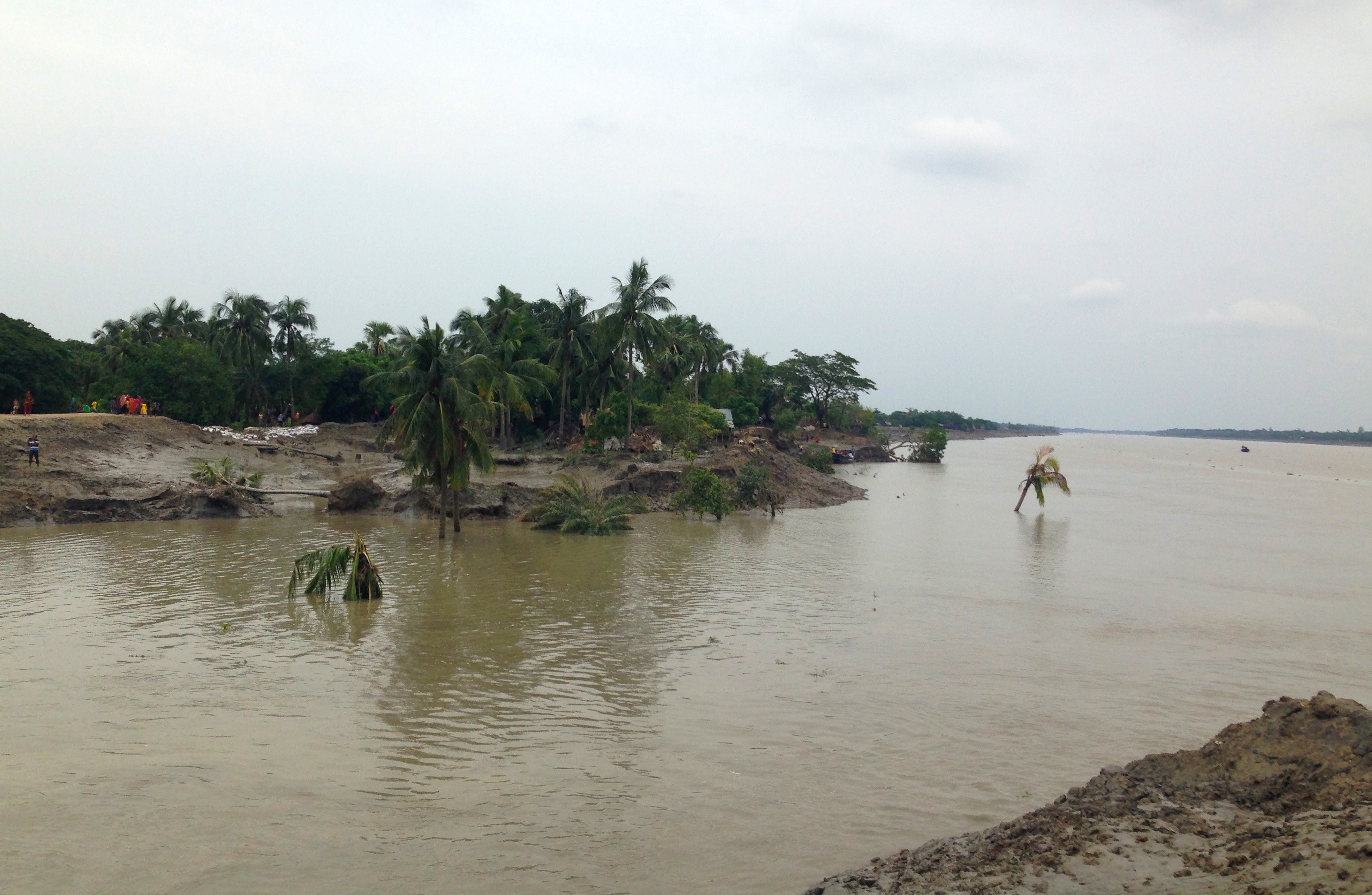 Figure 2. Buribhodra River at the site of the collapsed embankment: On the right, the Buribhodra River flows downstream on its regular course. The submerged trees and shrubs indicate an area that was once inside the polder that has since become waterlogged after the weakest part of the embankment wore down during the seasonal monsoon rains in late July 2015. Figure 2. Buribhodra River at the site of the collapsed embankment: On the right, the Buribhodra River flows downstream on its regular course. The submerged trees and shrubs indicate an area that was once inside the polder that has since become waterlogged after the weakest part of the embankment wore down during the seasonal monsoon rains in late July 2015.