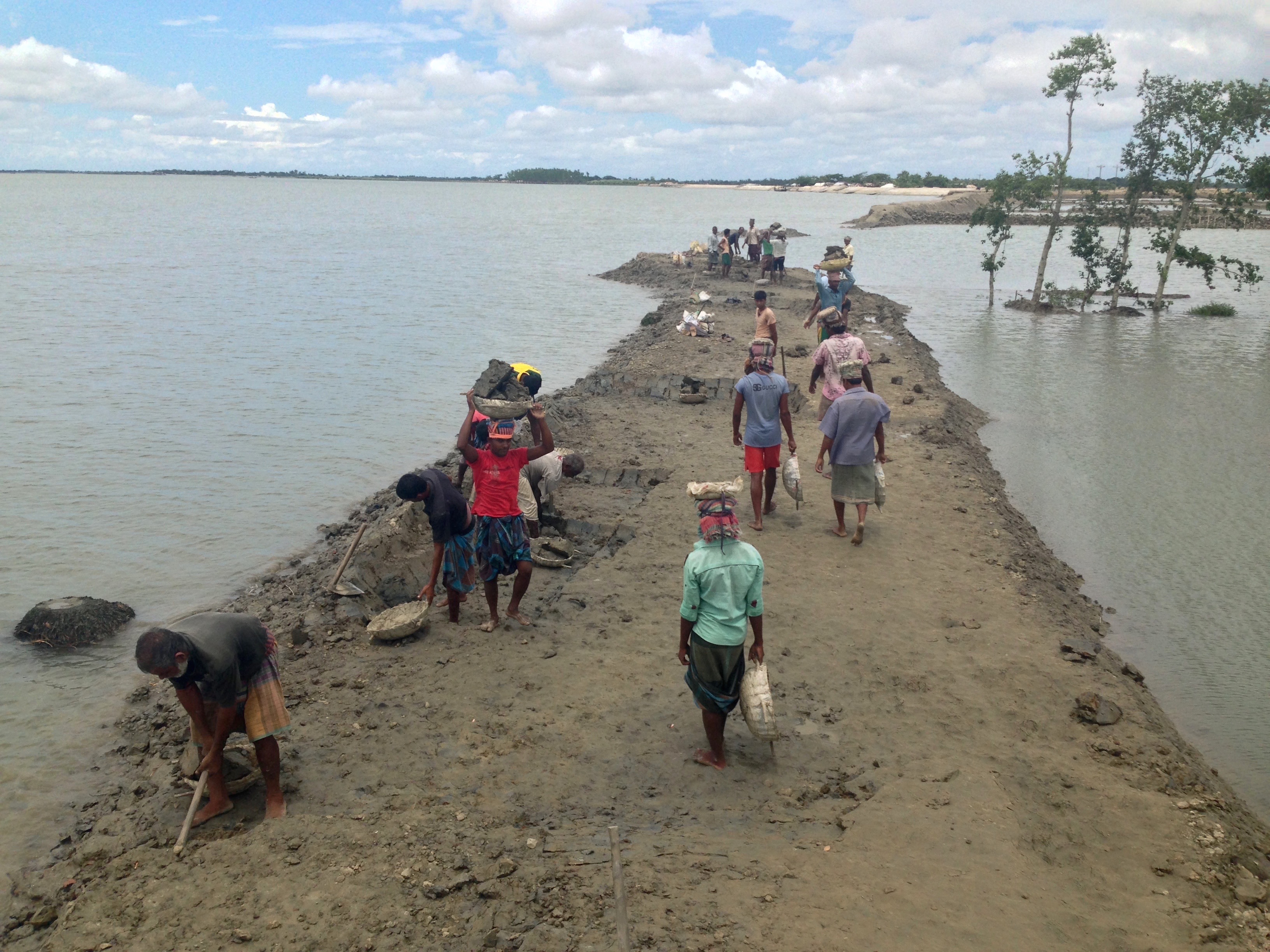 Figure 8. Sky, sea, and soil: Moving the earth: The former embankment wall is dug, carried, and dumped at the new site where workers flatten and shape it into another walkway and future embankment. These kinds of polder ruptures and subsequent inundations are not uncommon across southwest Bangladesh. Some say that the severity and duration of the disastrous effects of flooding depend not on the material qualities of water, soil, and amount of rain, but instead upon the speed at which relief efforts can be mobilized and money secured to begin the process of remaking the landscape such that it is again fit for human habitation. Figure 8. Sky, sea, and soil: Moving the earth: The former embankment wall is dug, carried, and dumped at the new site where workers flatten and shape it into another walkway and future embankment. These kinds of polder ruptures and subsequent inundations are not uncommon across southwest Bangladesh. Some say that the severity and duration of the disastrous effects of flooding depend not on the material qualities of water, soil, and amount of rain, but instead upon the speed at which relief efforts can be mobilized and money secured to begin the process of remaking the landscape such that it is again fit for human habitation.