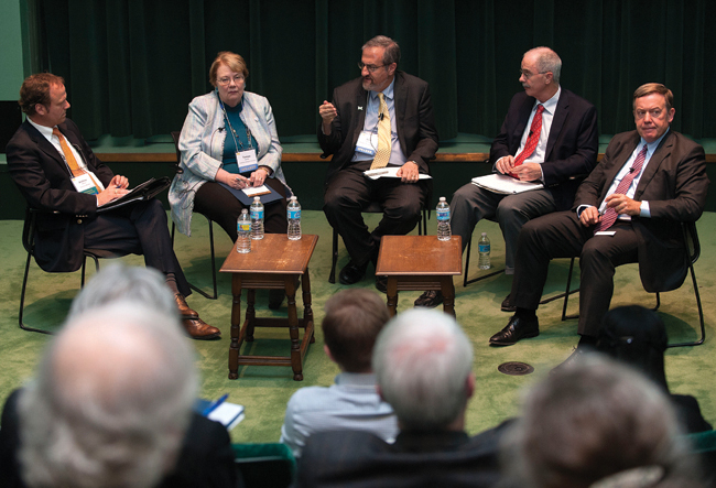 From left to right: Andrew Hoffman, University of Michigan (moderator); Teresa Sullivan, University of Virginia; Mark Schlissel, University of Michigan; Philip Hanlon, Dartmouth College; Michael Crow, Arizona State University From left to right: Andrew Hoffman, University of Michigan (moderator); Teresa Sullivan, University of Virginia; Mark Schlissel, University of Michigan; Philip Hanlon, Dartmouth College; Michael Crow, Arizona State University