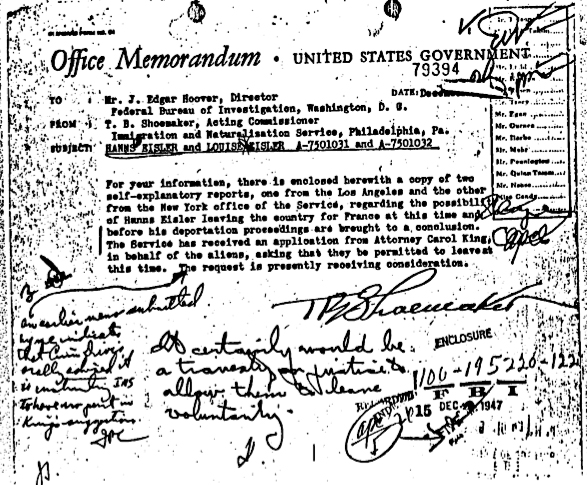 Figure 2. Memo from INS acting commissioner T.B. Shoemaker to FBI director J. Edgar Hoover, 15 December 1947 (public domain) Figure 2. Memo from INS acting commissioner T.B. Shoemaker to FBI director J. Edgar Hoover, 15 December 1947 (public domain)