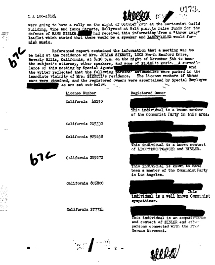 Figure 3. A page from an FBI report showing license-plate numbers of cars parked outside a house in which Eisler’s music had been performed, 7 January 1948 (public domain) Figure 3. A page from an FBI report showing license-plate numbers of cars parked outside a house in which Eisler’s music had been performed, 7 January 1948 (public domain)