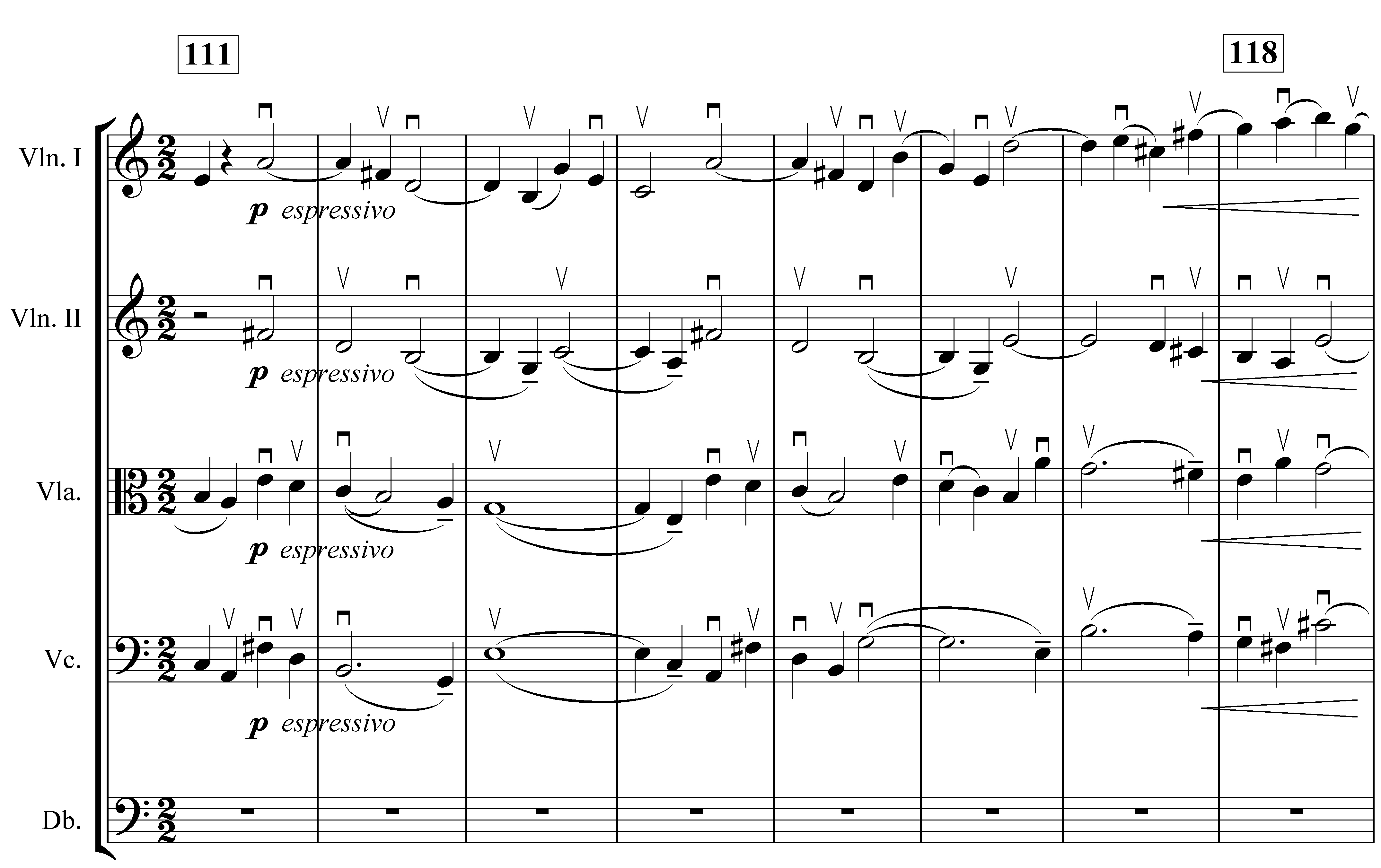 Example 1. Nottingham Symphony: Fourth movement, bars 111–18. Second subject (first theme) in strings Example 1. Nottingham Symphony: Fourth movement, bars 111–18. Second subject (first theme) in strings