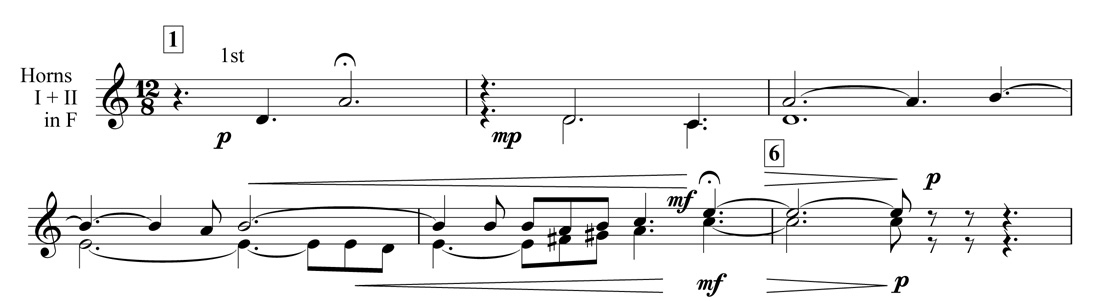 Example 3. Nottingham Symphony: First movement, bars 1–6. Introduction in horn in F (in transposition) Example 3. Nottingham Symphony: First movement, bars 1–6. Introduction in horn in F (in transposition)