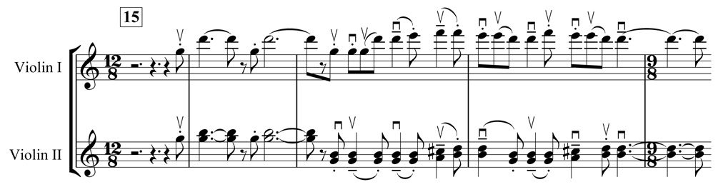 Example 4. Nottingham Symphony: First movement, bars 15–19. First subject in violin I (with “galloping” motif in violin II ) Example 4. Nottingham Symphony: First movement, bars 15–19. First subject in violin I (with “galloping” motif in violin II )