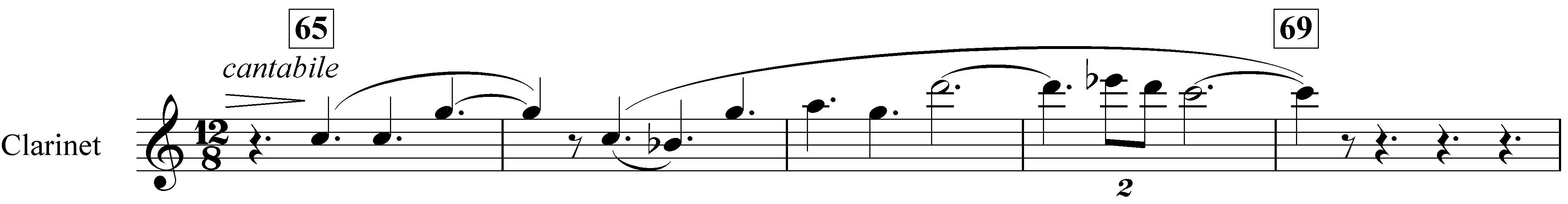 Example 5. Nottingham Symphony: First movement, bars 65–69. Second subject in clarinet in A (in transposition) Example 5. Nottingham Symphony: First movement, bars 65–69. Second subject in clarinet in A (in transposition)