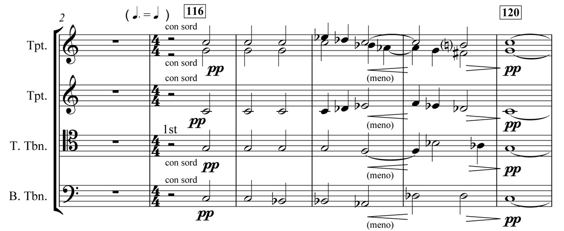 Example 6. Nottingham Symphony: First movement, bars 116–20. Development, with first appearance of “sheriff’s cavalcade” episode in brass Example 6. Nottingham Symphony: First movement, bars 116–20. Development, with first appearance of “sheriff’s cavalcade” episode in brass