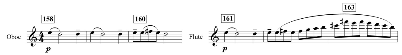 Example 8. Nottingham Symphony: Fourth movement, bars 158–63. Second subject (second theme) in oboe and flute Example 8. Nottingham Symphony: Fourth movement, bars 158–63. Second subject (second theme) in oboe and flute