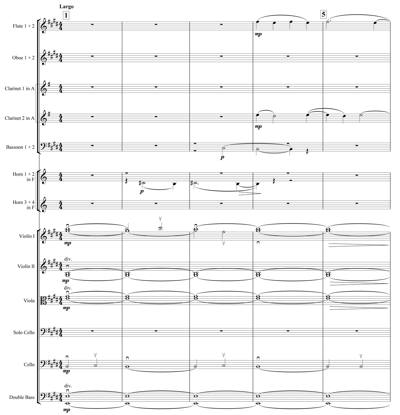 Example 10. Nottingham Symphony: Second movement, bars 1–5. Introduction (clarinet and horn in transposition; brass and percussion omitted as they are not playing) Example 10. Nottingham Symphony: Second movement, bars 1–5. Introduction (clarinet and horn in transposition; brass and percussion omitted as they are not playing)