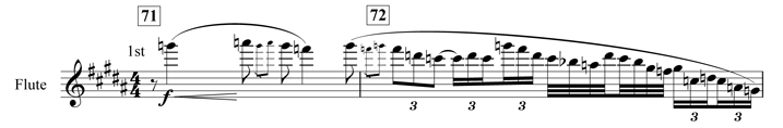 Example 11. Nottingham Symphony: Second movement, bars 71–72. Evocation of birdsong by flute at end of second subject Example 11. Nottingham Symphony: Second movement, bars 71–72. Evocation of birdsong by flute at end of second subject