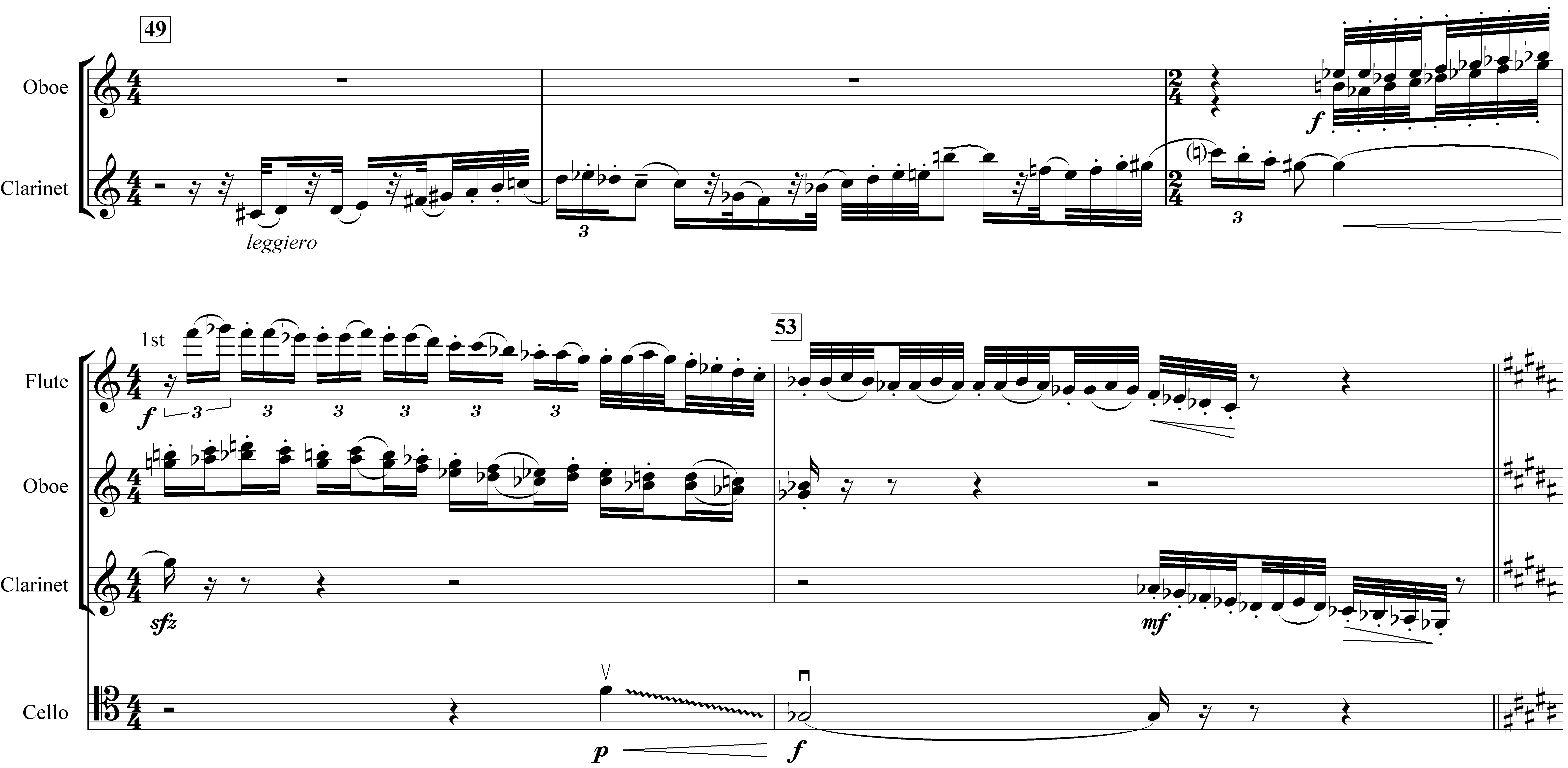 Example 13. Nottingham Symphony: Second movement, bars 49–53. Bridge section, freer clarinet passage taken up by higher winds, cello’s “sigh” (clarinet in A in transposition; section of instrumental material) Example 13. Nottingham Symphony: Second movement, bars 49–53. Bridge section, freer clarinet passage taken up by higher winds, cello’s “sigh” (clarinet in A in transposition; section of instrumental material)