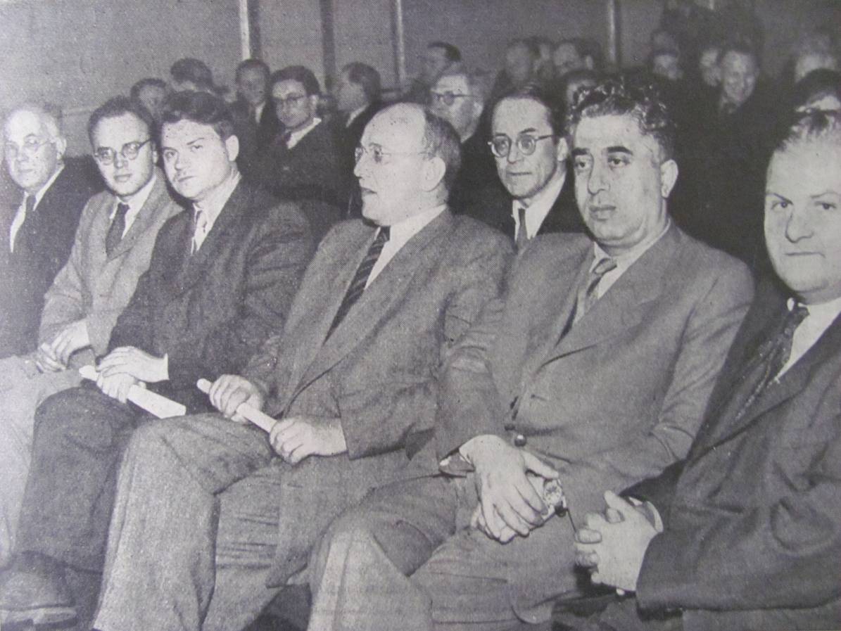 Figure 2. Leading Czechoslovak and Soviet participants at the UCC’s first plenary session (from the right): chair of the plenary session Antonín Sychra, Aram Khachaturian, Mikhail Chulaki, General-Secretary of the Union of Soviet Composers Tikhon Khrennikov, General-Secretary of the UCC Miroslav Barvík, and Josef Stanislav; in the second row the translator A. Waulin. Figure 2. Leading Czechoslovak and Soviet participants at the UCC’s first plenary session (from the right): chair of the plenary session Antonín Sychra, Aram Khachaturian, Mikhail Chulaki, General-Secretary of the Union of Soviet Composers Tikhon Khrennikov, General-Secretary of the UCC Miroslav Barvík, and Josef Stanislav; in the second row the translator A. Waulin.