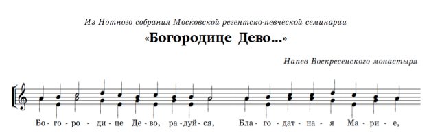 Example 5: “Bogoroditse Devo, Raduĭsia” from Voskresenskiĭ Monastery Chant, used by Oblomov at the beginning of “Rap Moleben” Example 5: “Bogoroditse Devo, Raduĭsia” from Voskresenskiĭ Monastery Chant, used by Oblomov at the beginning of “Rap Moleben”