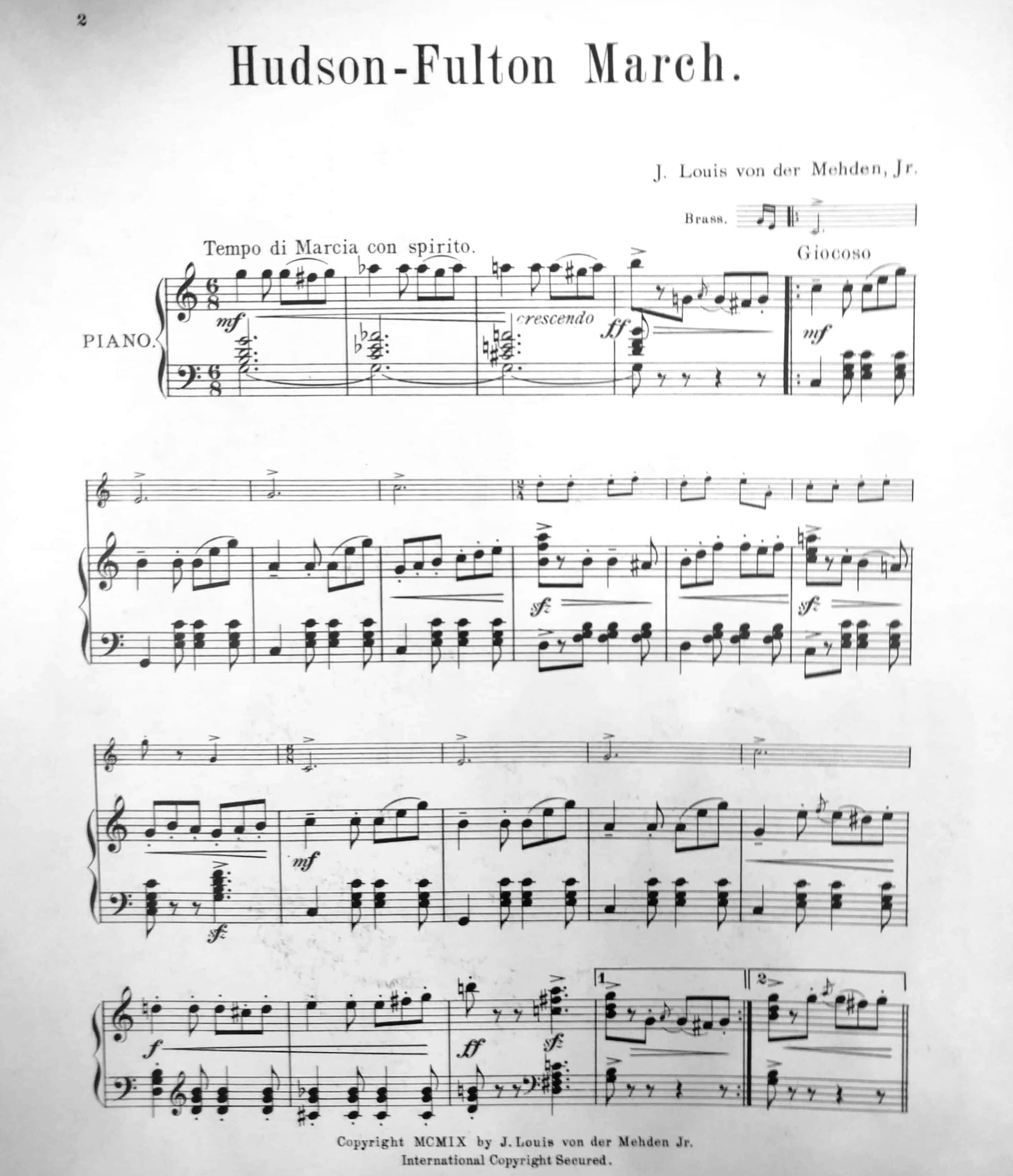 Example 1 (cont.): Hudson-Fulton March, cover art and piano arrangement. Courtesy of the Poughkeepsie Public Library Local History Collection. Example 1 (cont.): Hudson-Fulton March, cover art and piano arrangement. Courtesy of the Poughkeepsie Public Library Local History Collection.