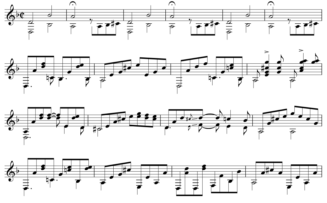 Figure 2: Yupanqui’s 1971 guitar introduction to “Basta ya!” (transcribed by the author from “Basta ya!,” Le Chant Du Monde, 1971). Figure 2: Yupanqui’s 1971 guitar introduction to “Basta ya!” (transcribed by the author from “Basta ya!,” Le Chant Du Monde, 1971).