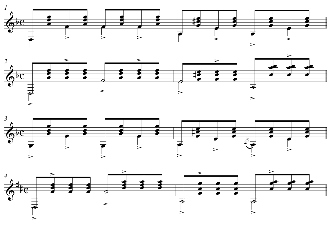 Figure 3: Variations of the son rhythm used by Yupanqui in “Basta ya!” (transcribed by the author from “Basta ya!,” Le Chant Du Monde, 1971). Figure 3: Variations of the son rhythm used by Yupanqui in “Basta ya!” (transcribed by the author from “Basta ya!,” Le Chant Du Monde, 1971).
