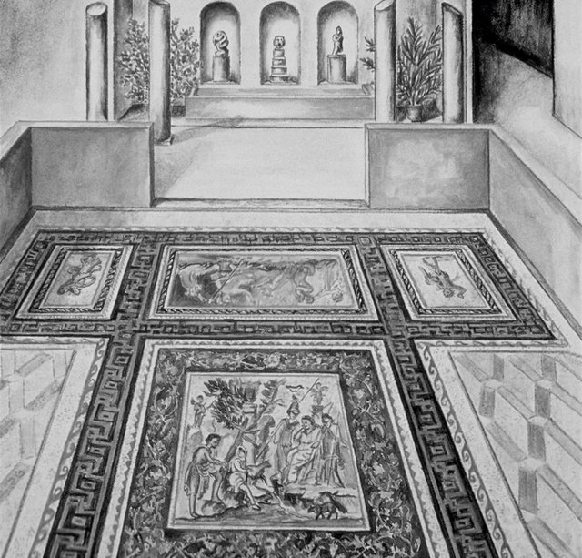 Figure 4. Computer-generated photo composite of the triclinium mosaic floor, Atrium House, Antioch. Reconstruction by Wes Chilton and Victoria I. (From C. Kondeleon, ed., Antioch: The Lost Ancient City, Princeton: Princeton University Press, in association with the Worcester Art Museum, 2000). Figure 4. Computer-generated photo composite of the triclinium mosaic floor, Atrium House, Antioch. Reconstruction by Wes Chilton and Victoria I. (From C. Kondeleon, ed., Antioch: The Lost Ancient City, Princeton: Princeton University Press, in association with the Worcester Art Museum, 2000).