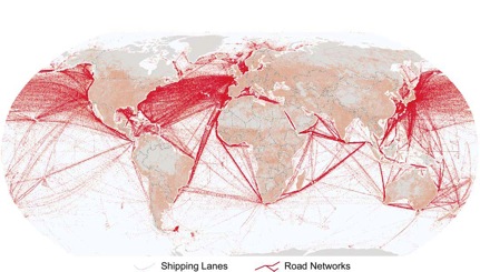 Fig. 1: Earth’s shipping lanes and network of roads. Each shipping lane data point represents the location where an expendable probe was dropped for sampling ocean temperature from 14 October 2004 to 15 October 2005. The road network is a 1:1 million scale representation of paved and unpaved roads (Kareiva 1867). From Peter Kareiva, Sean Watts, Robert McDonald and Tim Boucher, "Domesticated Nature: Shaping Landscapes and Ecosystems for Human Welfare", Science (29 June 2007): 1866-1869. Reprinted with permission from AAAS. Readers may view, browse, and/or download material for temporary copying purposes only, provided these uses are for noncommercial personal purposes. Except as provided by law, this material may not be further reproduced, distributed, transmitted, modified, adapted, performed, displayed, published, or sold in whole or in part, without prior written permission from the publisher.
Fig. 1: Earth’s shipping lanes and network of roads. Each shipping lane data point represents the location where an expendable probe was dropped for sampling ocean temperature from 14 October 2004 to 15 October 2005. The road network is a 1:1 million scale representation of paved and unpaved roads (Kareiva 1867). From Peter Kareiva, Sean Watts, Robert McDonald and Tim Boucher, "Domesticated Nature: Shaping Landscapes and Ecosystems for Human Welfare", Science (29 June 2007): 1866-1869. Reprinted with permission from AAAS. Readers may view, browse, and/or download material for temporary copying purposes only, provided these uses are for noncommercial personal purposes. Except as provided by law, this material may not be further reproduced, distributed, transmitted, modified, adapted, performed, displayed, published, or sold in whole or in part, without prior written permission from the publisher.