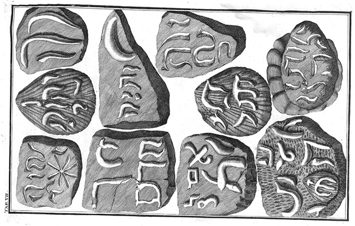 Fig. 02 Fraudulent fossils from Johann Bartholomew Adam Beringer’s Lithographiae Wirceburgensis (1726). Fig. 02 Fraudulent fossils from Johann Bartholomew Adam Beringer’s Lithographiae Wirceburgensis (1726).