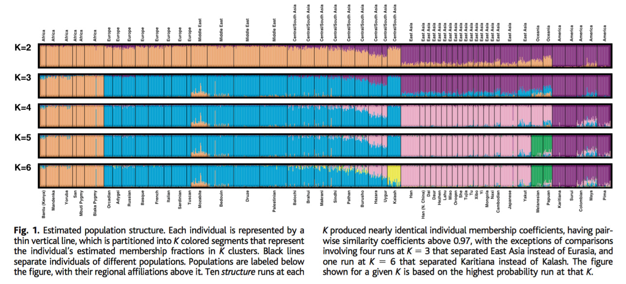 Figure 1: From Rosenberg, Noah A., Jonathan K. Pritchard, James L. Weber, Howard M. Cann, Kenneth K. Kidd, Lev A. Zhivotovsky and Marcus W. Feldman. 2002. Genetic Structure of Human Populations. Science 298: 2381–2385. Reprinted with permission from AAAS. Figure 1: From Rosenberg, Noah A., Jonathan K. Pritchard, James L. Weber, Howard M. Cann, Kenneth K. Kidd, Lev A. Zhivotovsky and Marcus W. Feldman. 2002. Genetic Structure of Human Populations. Science 298: 2381–2385. Reprinted with permission from AAAS.